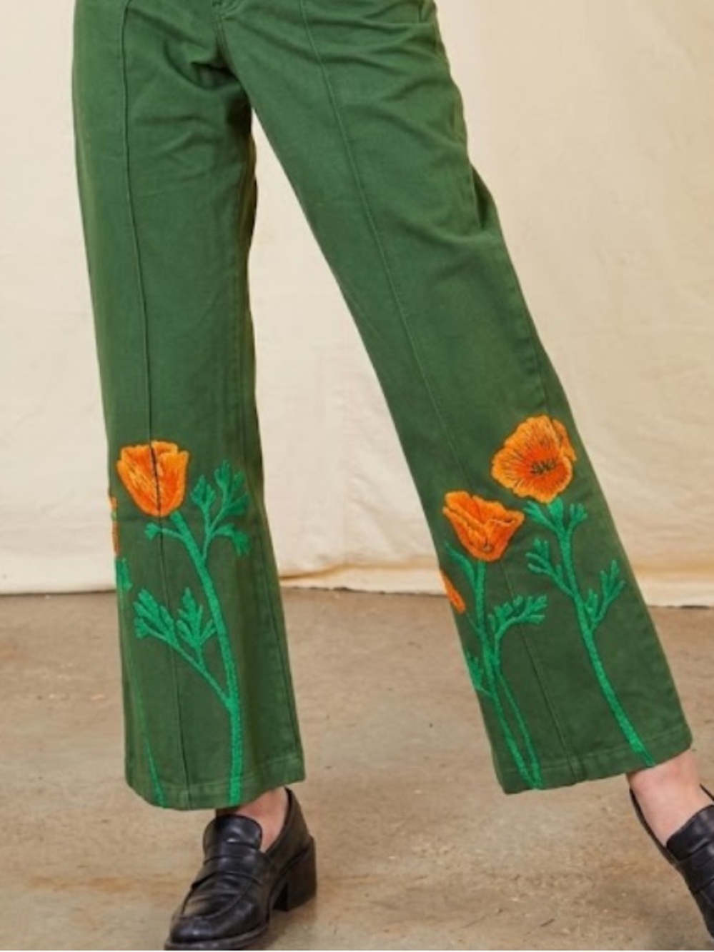 Big Bud Press Western California Poppy Green Floral Embroidered Wide-Leg Pants S - Picture 2 of 12